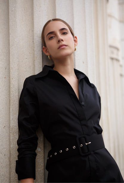 vestido-negro -popelina -mujer elegante