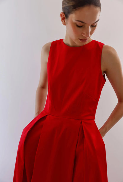 Vestido-Largo-rojo-Sin-Mangas-Cuello-redondo-Mujer