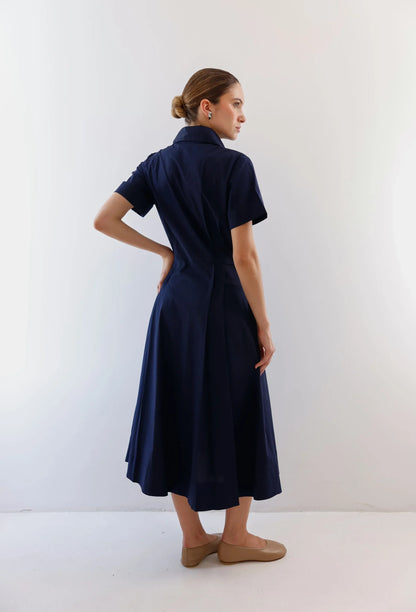 Vestido-Azul-Turqui-Camisero-Midi-Manga-Corta-Mujer