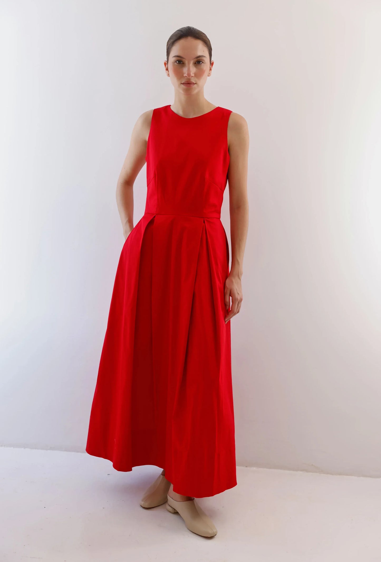 Vestido-Largo-rojo-Sin-Mangas-Cuello-redondo-Mujer