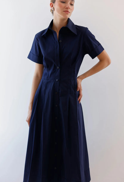 Vestido-Azul-Turqui-Camisero-Midi-Manga-Corta-Mujer