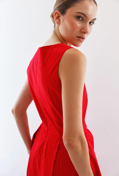 Vestido-Largo-rojo-Sin-Mangas-Cuello-redondo-Mujer